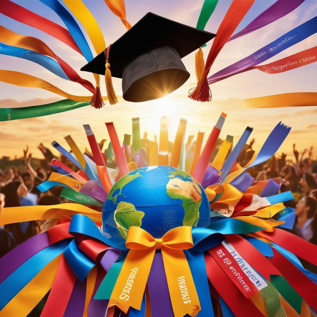 A vibrant collage showcasing diverse students celebrating success, surrounded by colorful ribbons symbolizing scholarships. In the background, a bright sun rises over a graduation cap, symbolizing hope and future opportunities. Include elements like books, a globe, and cheerful graduation portraits. A motivational quote subtly woven into the design. vibrant colors. 3D.