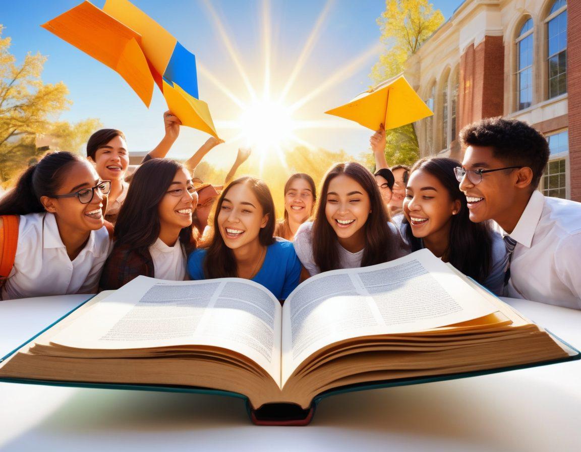 A vibrant scene depicting an open book with radiant pages filled with scholarship opportunities, surrounded by diverse happy students celebrating their educational achievements. Each student represents different cultures and backgrounds, smiling and sharing ideas. The background features a bright sun shining over a college campus, symbolizing hope and growth. super-realistic. vibrant colors. white background.