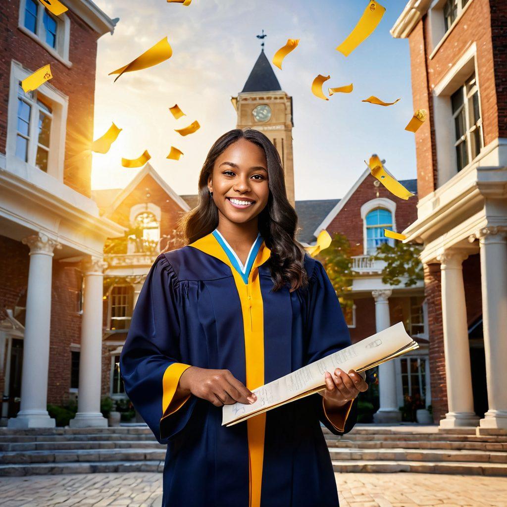 A person joyfully holding a diploma surrounded by cascading golden coins and glowing scholarship certificates, set against a backdrop of diverse university buildings and vibrant student life. Include symbols of grants like a helping hand and a light bulb to signify opportunities. The scene should radiate hope and excitement, capturing the essence of educational success. super-realistic. vibrant colors. 3D.